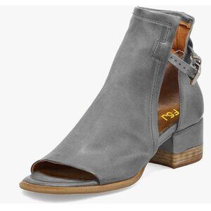 FSJ Light Grey Peep Open Toe Cut Out Buckle Stacked Block Low Heel Ankle Boot